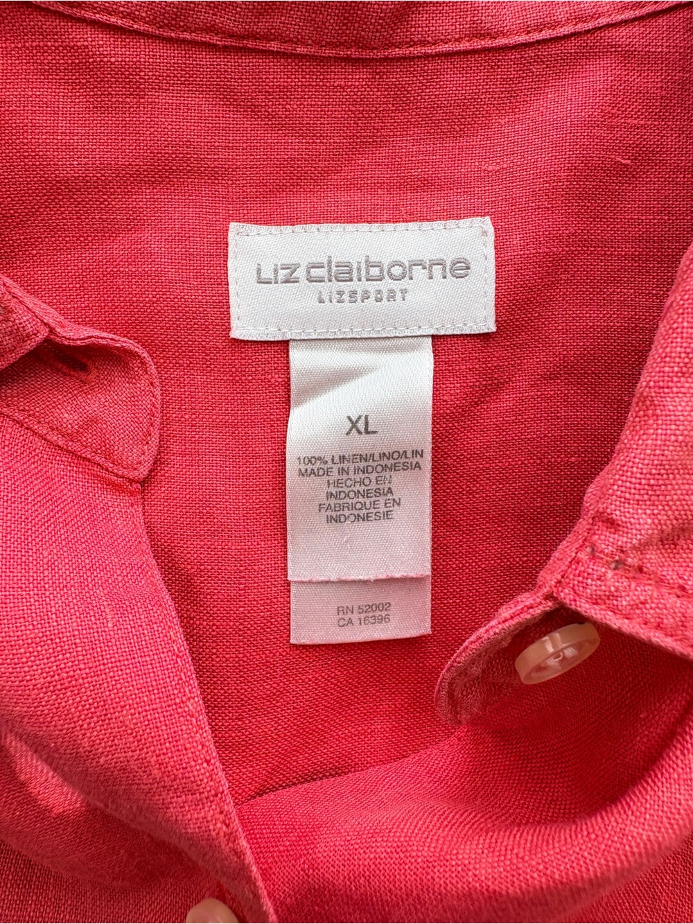 Liz Claiborne LizSport 100% Linen Coral pink Button Down Shirt XL - Picture 6 of 6
